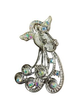 Vintage Silver-tone Rainbow Aurora Borealis Rhinestone Angel Brooch - Harp Halo